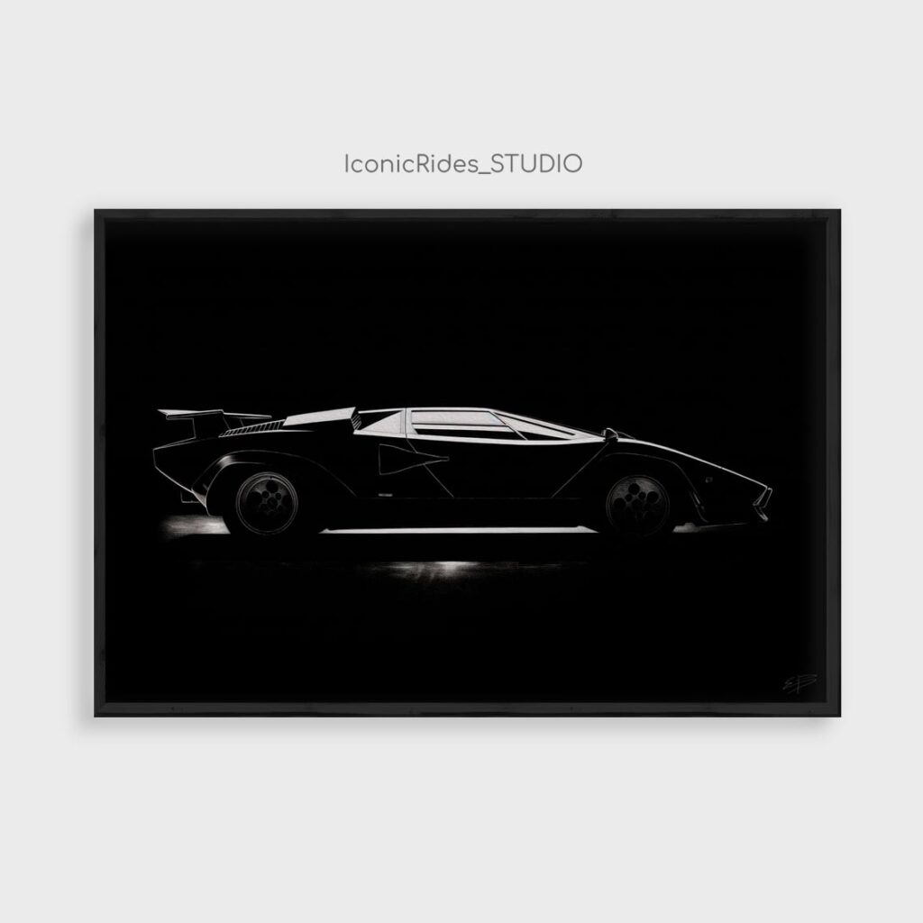Silhouette Oil Painting of Lamborghini Countach in Black and White